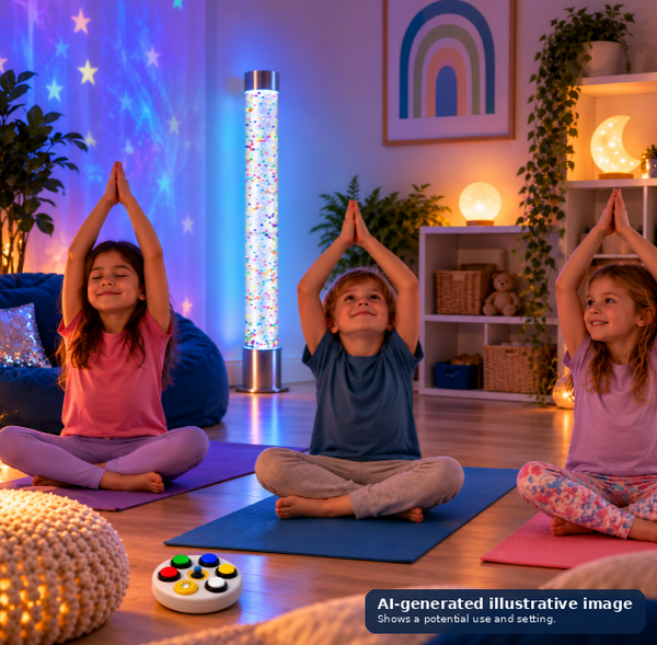 Children doing yoga beside a 120W bubble tube.