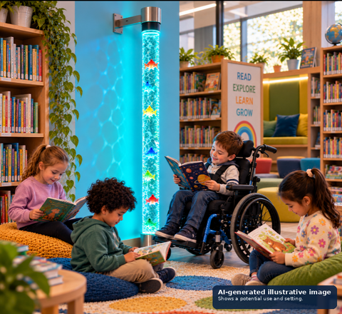 Children reading in a library with a bubble tube near the wall.