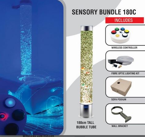 180C bubble tube bundle showing bubble tube, wireless switchbox, fibre optic lighting, podium, and wall bracket.