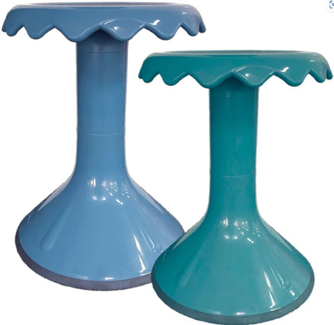 This is an image of 2 stools with a wave design on the seat. One is blue and one is green.