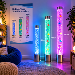 Image of three bubble tubes of different heights and various colored lights.