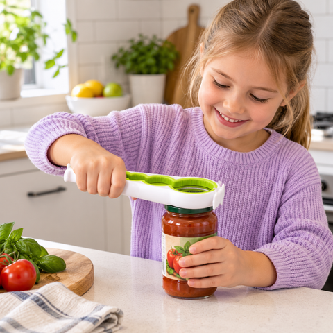 Child using a 5-in-1 Jar Opener to open a jar in a bright home kitchen.
