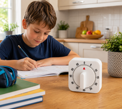 Child using a 60-minute timer while completing homework at the kitchen table.