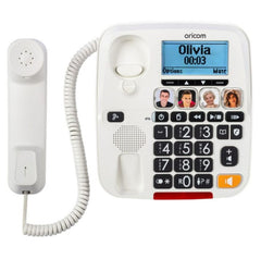 This is an image of the Oricom CARE920-1. It is a corded ohone with photos of people and large buttons.