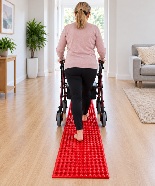 Older woman walking barefoot on a narrow red textured sensory walkway while using a four-wheel rollator walker in an accessible home therapy setting.