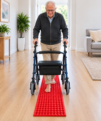Older man walking barefoot on a narrow red textured sensory walkway while using a four-wheel rollator walker in an accessible home therapy setting.