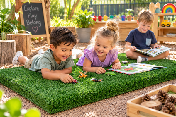 Grass Padding sensory seating mat with children learning and playing in an outdoor preschool space.
