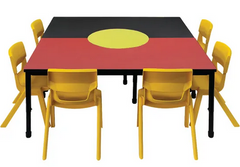 Aboriginal Peoples Flag Table with two yellow chairs at each side
