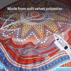 Close up of a soft velvet polyester First Nations cushions for inclusive classrooms and sensory spaces