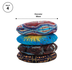Stacked First Nations Round Cushions Set of 4 featuring authentic Indigenous artwork showing 60cm diameter
