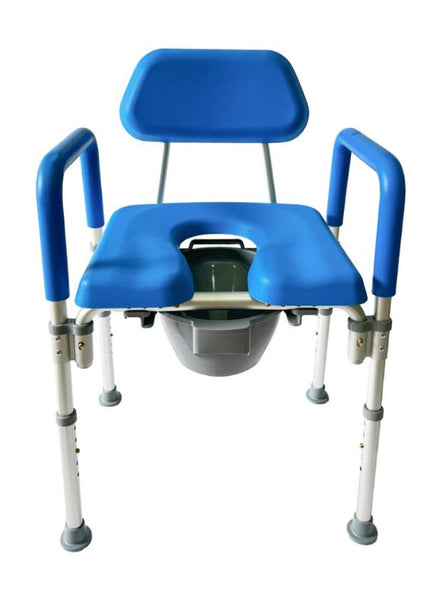 This is an image of the 3-in-1 adjustable commode. It has a blue seat and a grey bucket underneath.