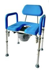 This is an image of the 3-in-1 adjustable commode. It has a blue seat and a grey bucket underneath.