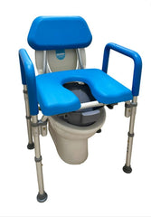 This is an image of the 3-in-1 adjustable commode. It has a blue seat and a grey bucket underneath.