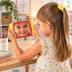 Handheld sensory mirror helping a child explore self-awareness and visual learning through play at home.