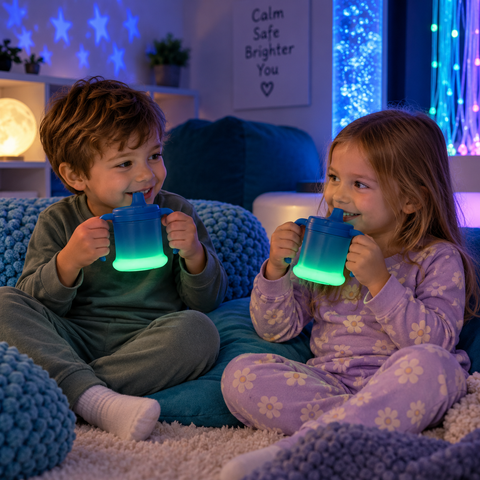 Children using glow-in-the-dark Anti-Spill Luminous Tumblers in a calming sensory room.