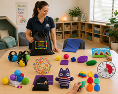 Therapist displaying a Sensory Support Toolkit with sensory tools arranged on a table in a welcoming therapy room.