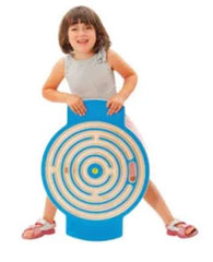 Child holding circular balance trackboard