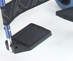 This is an image of the Oversized Bariatric Manual Wheelchair self -propelled - 250kg Weight. It is an image of the foot rest with a geometric pattern and blue wheels.