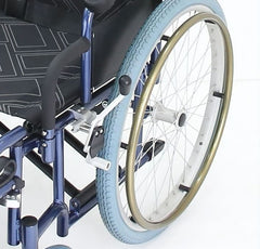 This is an image of the Oversized Bariatric Manual Wheelchair self -propelled - 250kg Weight. It is an image of blue wheels and the seat with a geometric pattern .