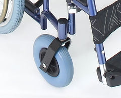 This is an image of the Oversized Bariatric Manual Wheelchair self -propelled - 250kg Weight. It is an image of the anti-tipper wheels. They6 are light blue.