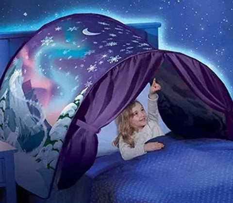 Girl pointing to the sky in bed under half size bed tent with night landscape design 