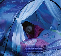 Girl asleep in bed under half size bed tent with night landscape design 