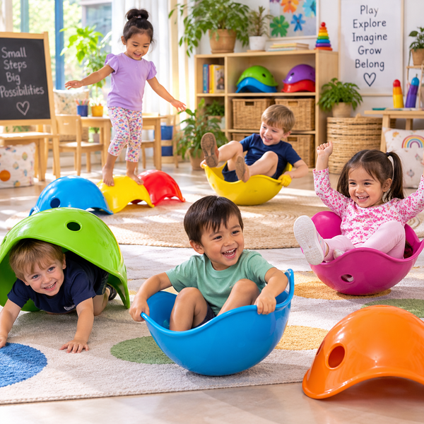 Bilibo sensory play toys helping preschool children develop balance, coordination and imaginative play.
