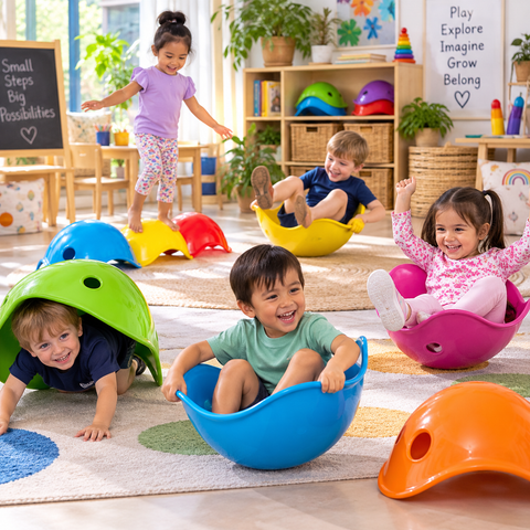 Bilibo sensory play toys helping preschool children develop balance, coordination and imaginative play.