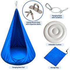 Blue hanging Nest Hammock Pod with parts included, cushion, ceiling mount, hanging rope, carabiner