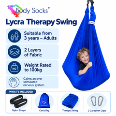 Blue Lycra therapy swing with specifications and inclusions