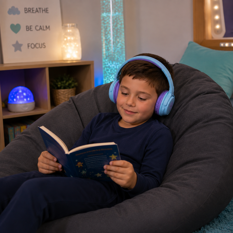 Child wearing blue and purple headphones while relaxing on a bean bag and reading in a calming sensory space.