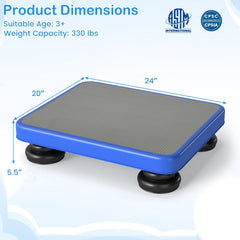 Bouncing Board Mini Trampoline showing product dimensions with compact blue platform, textured surface and elastic resistance ropes
