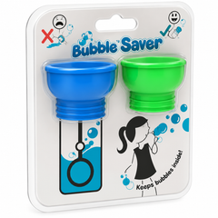 Two adaptive bubble lids for blowing bubbles, in blue and green.