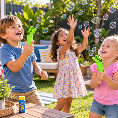 Children playing with the Bubble Eater Bubblegator bubble toy in a vibrant backyard setting.