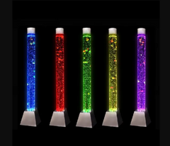 Image of 5 bubble tubes with different coloured lights. Colours are blue, red, green, yellow and purple.