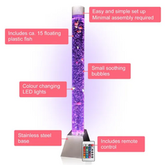 Image of a purple bubble tube with fish and its specifications.