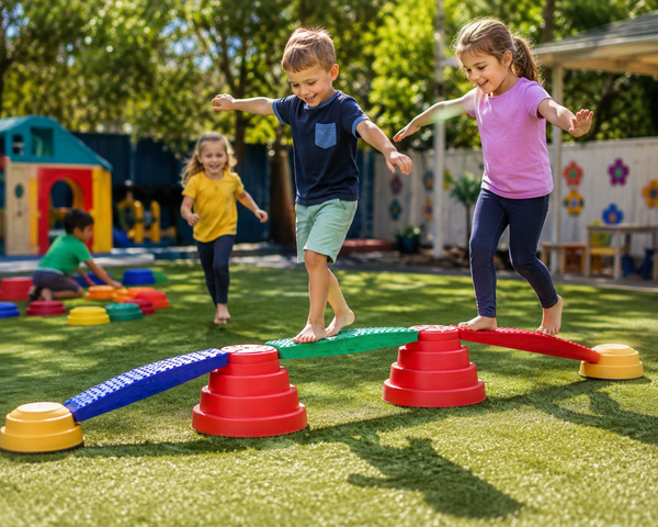 Children balancing on colourful Build n’ Balance Tactile Walkboards in an outdoor preschool playground.