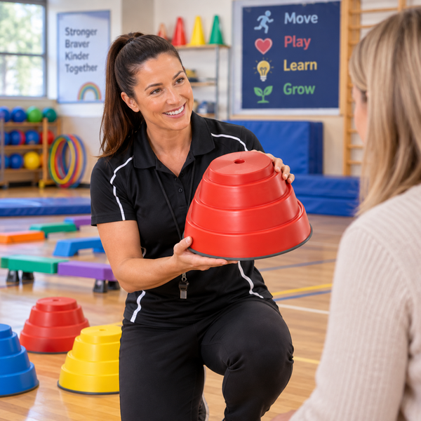 PE teacher presenting a Build N’ Balance Top in a school gym for balance and movement activities.