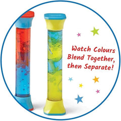 Two calming gel tubes in colours red/blue, and blue/yellow, shaken up so colours are starting to blend