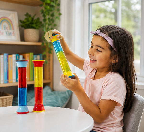 Child exploring colourful ColorMix calming gel sensory tubes.
