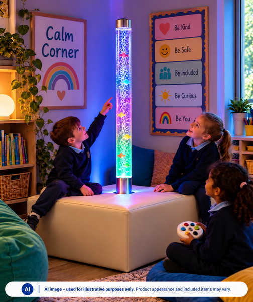 children seated on a podium touching a bubble tube in a calm corner setting