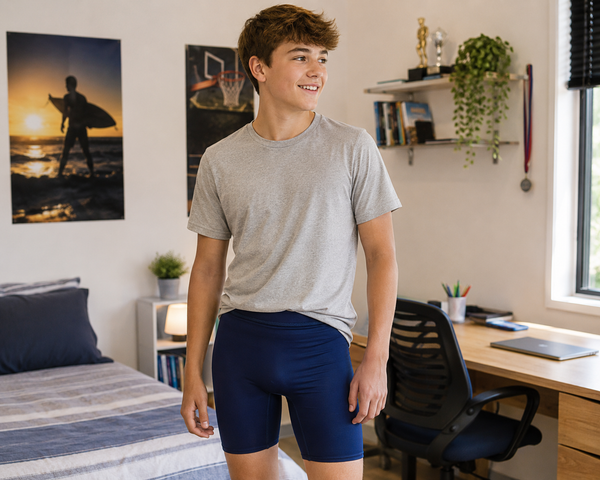 Teenage boy wearing Calmcare Adaptive Therapy Shorts at home.