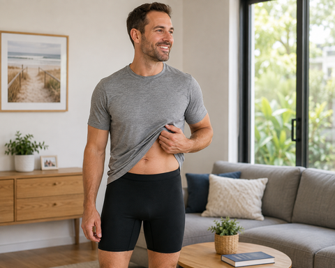 Man wearing Calmcare Adaptive Therapy Shorts at home.