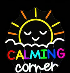 Neon sign with a sun design and the word 'CALMING' on a black background