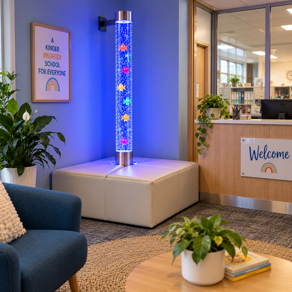 Bubble tube and padded podium in a calming school office reception area.
