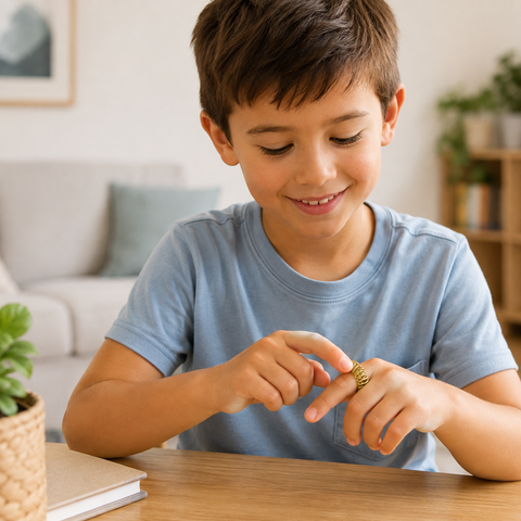 Child using a gold acupressure fidget ring in a relaxed home setting.