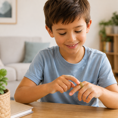 Child using a gold acupressure fidget ring in a relaxed home setting.