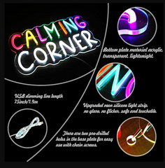 Neon sign with 'CALMING CORNER' text and product features on a black background
