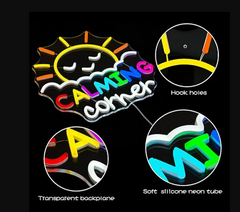 Neon sign with 'CALMING corner' text and illustrations of hook holes and silicone neon tube on a black background.