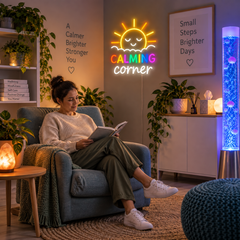 An adult sits in a chair, with a glowing Sun Calming Corner neon sign illuminating the wall behind them.